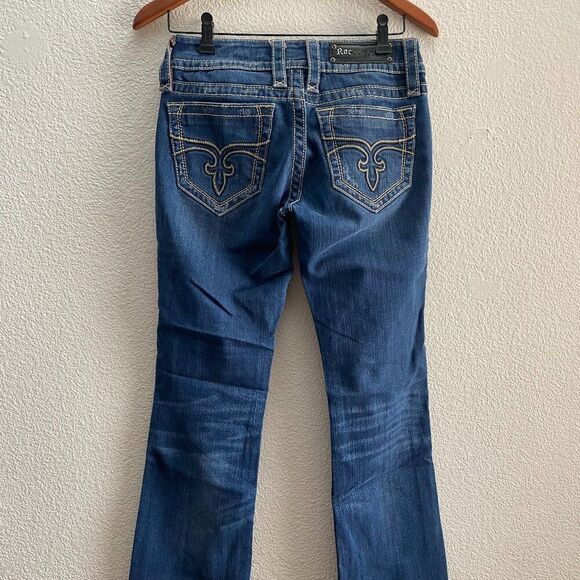 Rock Revival Janet Boot Cut Dark Wash Jeans 28 x 29.5 Low Rise Distressed - Picture 1 of 8
